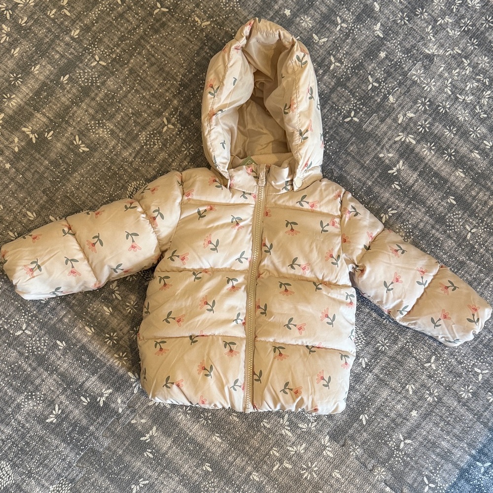 H&M Kids Puffer Jacket - Cream with Floral Print 2T water repellent